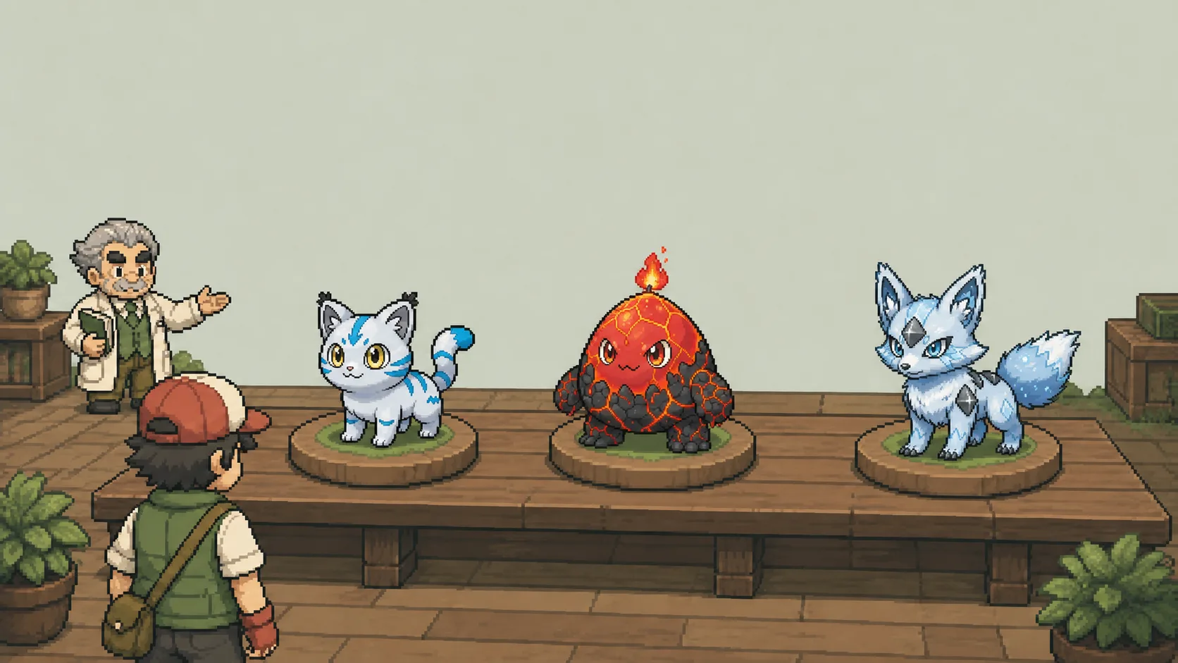 Trois Polimons de niveau 1 attendent sur la table